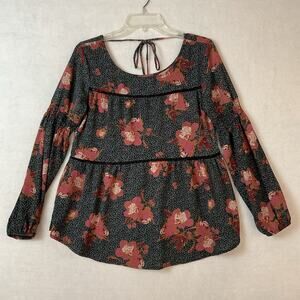 Knox Rose Top Womens S Black Gray‎ Pink Floral Ruffles Tassel Long Sleeves Boho